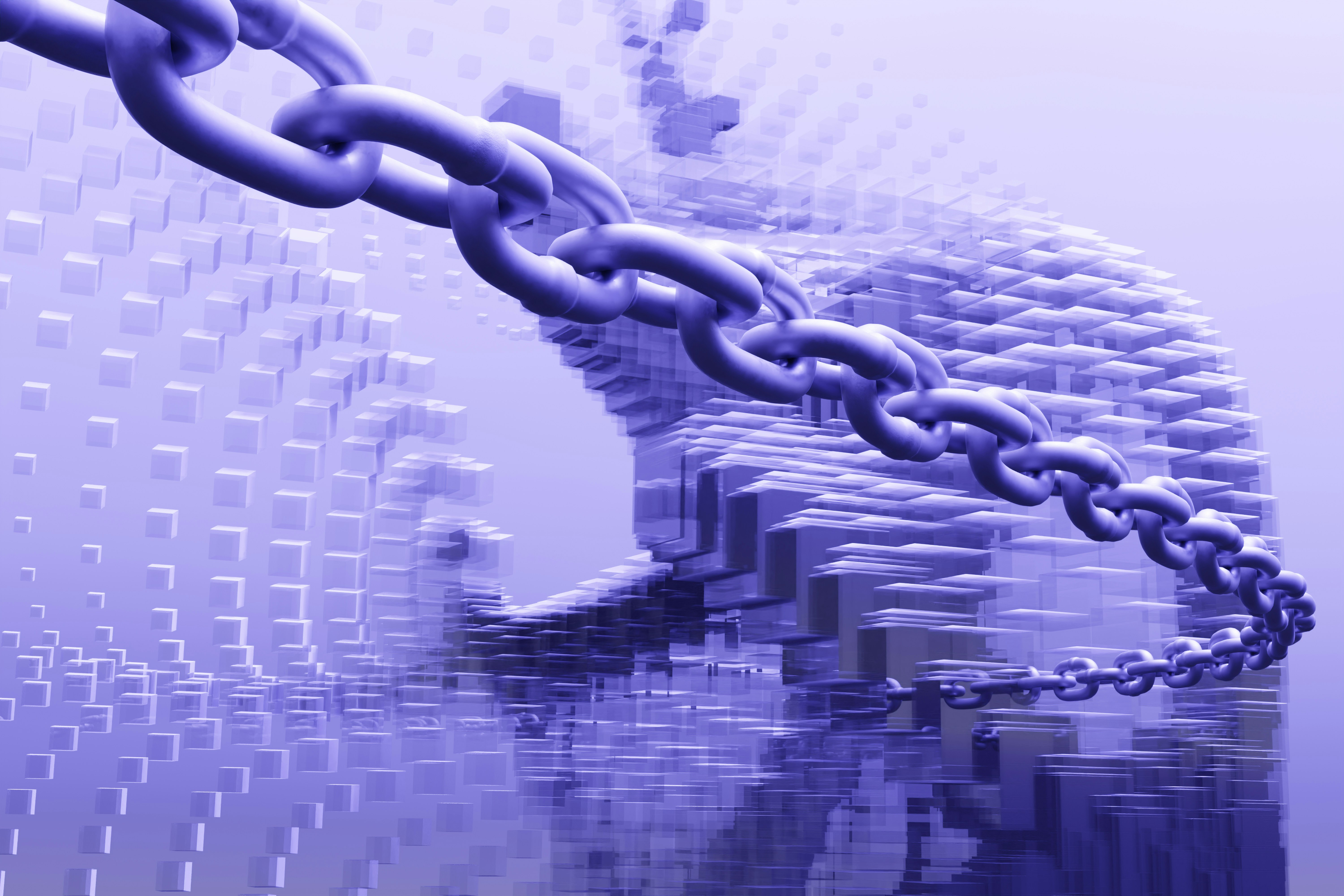 Digital chain links through pixelated blue technological landscape