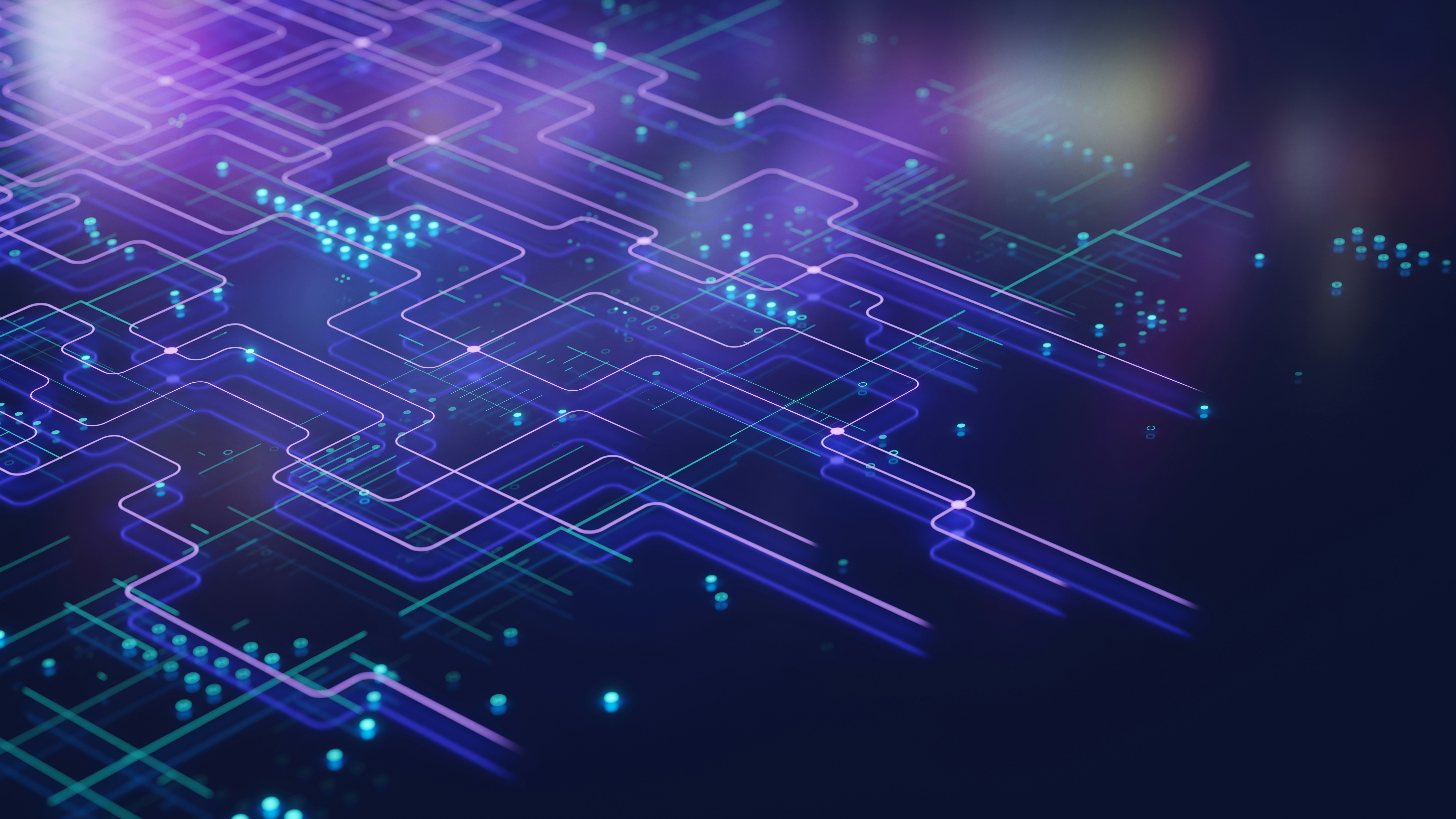 Abstract digital circuit network with glowing blue and purple connections