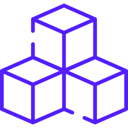 Three purple geometric 3D cubes stacked in a triangular formation