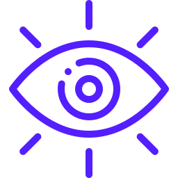 Purple stylized eye icon with radiating lines representing vision or insight