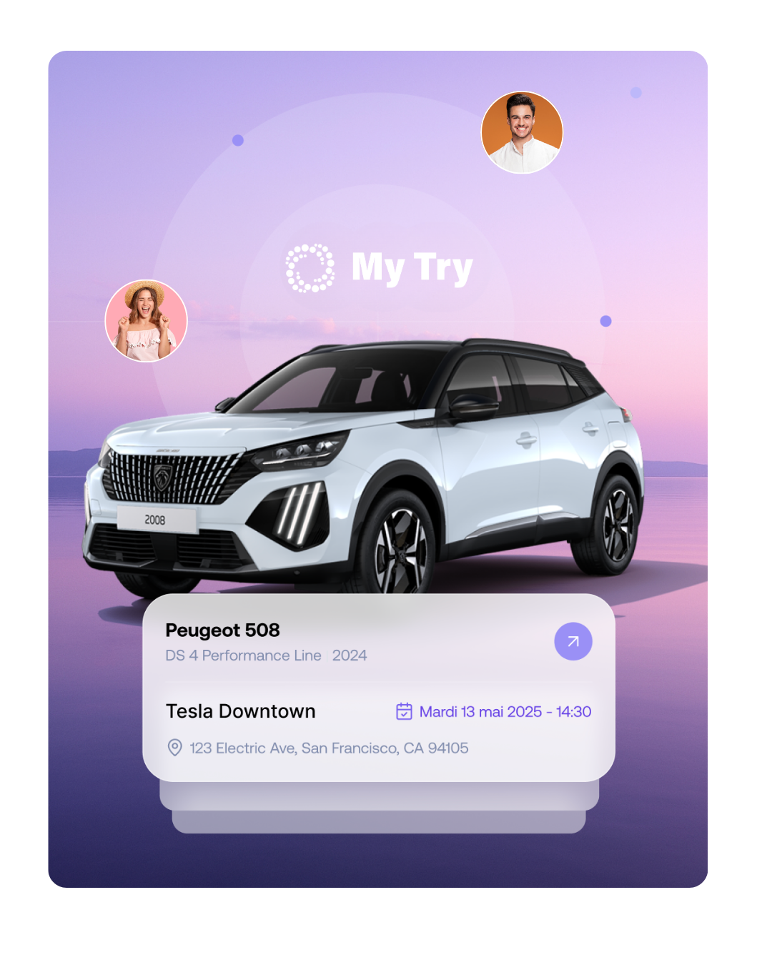Image d'interface utilisateur de l'application MY TRY, une plateforme de réservation d'essais de véhicules. L'écran présente un SUV Peugeot 2008 blanc. L'image illustre la simplicité et l'esthétique moderne de l'experience utilisateur sur l'interface my try