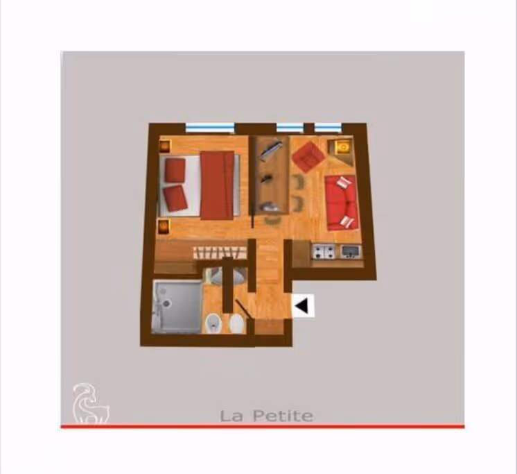 Planimetria appartamento "La Petite" con camera, bagno e zona living