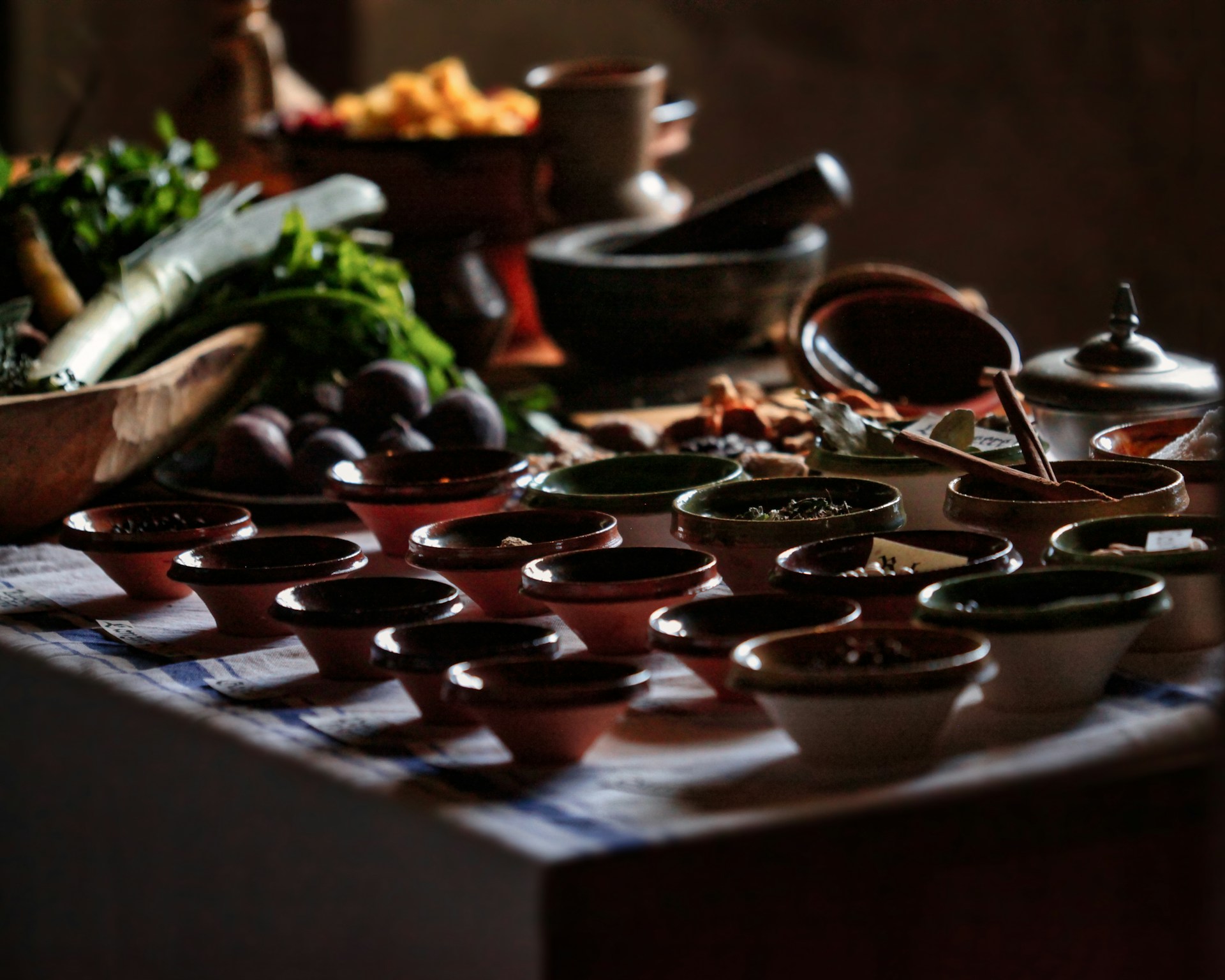 little plates with food and low light