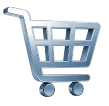 3D icon of an empty blue shopping cart with four wheels.