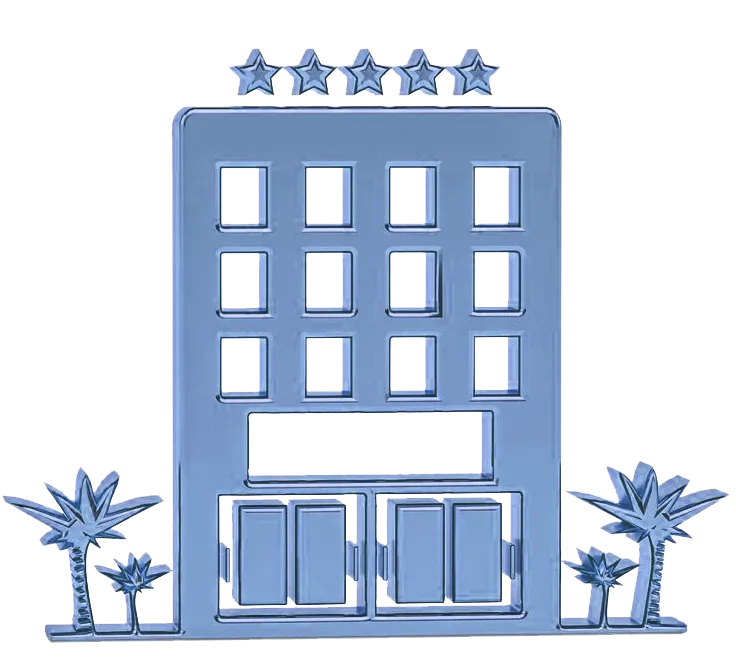 Blue glass icon of a hotel building with five stars above it and palm trees on each side.