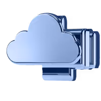 Blue 3D cloud icon with vertical bars behind it representing cloud data storage or cloud computing.