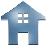Glossy blue house icon with a pitched roof and four-window design in the center.