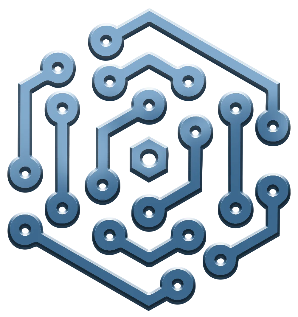 Blue hexagonal circuit board pattern with interconnected lines and circular nodes on a dark background.