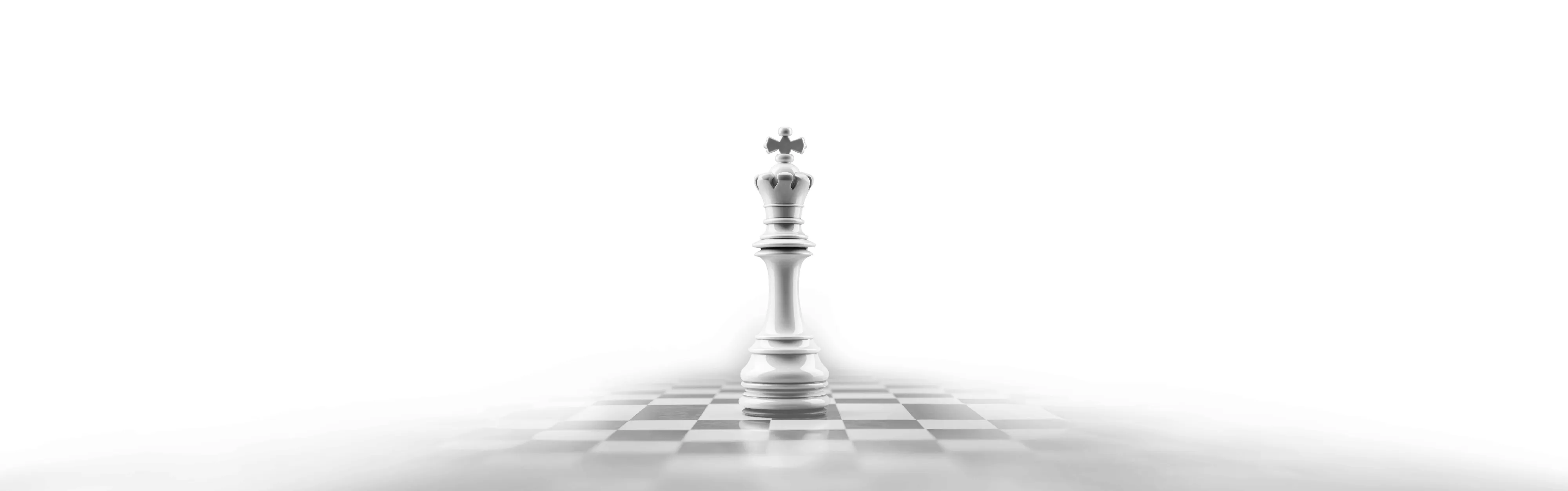White chess king piece standing on a black-and-white checkered chessboard with a bright, minimalist background.