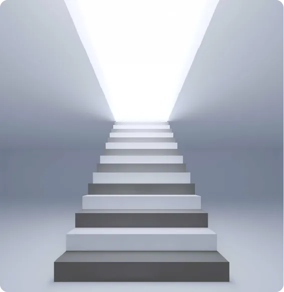 Monochromatic staircase ascending toward a bright white rectangular opening in a minimalist, dimly lit space.