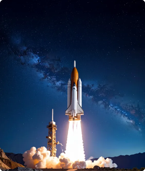 Space shuttle launching at night with bright flames, smoke, and stars in the background.