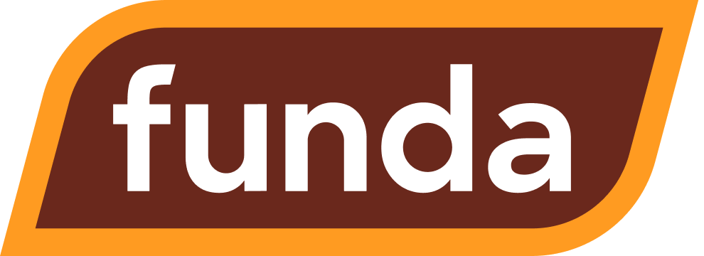 Logo van Funda met witte letters op een bruin vlak en een oranje rand.