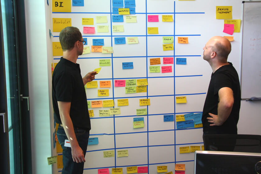 Produktmanager vor dem Kanban-Board bei der täglichen Besprechung der Tasks