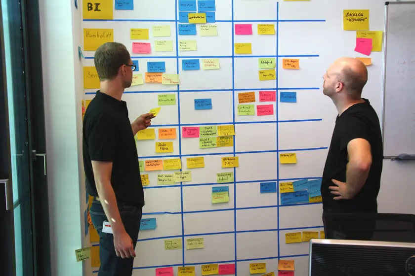 Produktmanager vor dem Kanban-Board bei der täglichen Besprechung der Tasks