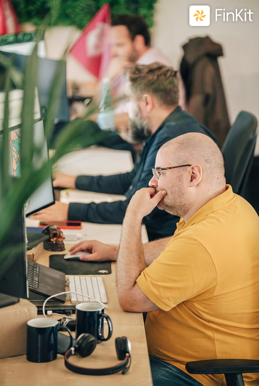 Trois hommes concentrés travaillant devant des ordinateurs dans un bureau moderne, avec deux mugs et un casque sur le bureau.
