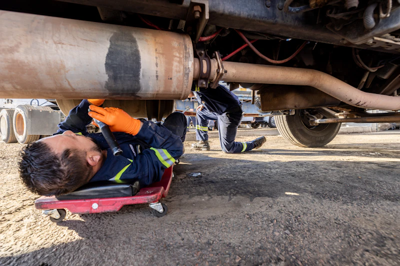 mechanic fixing an exhaust system for a truck