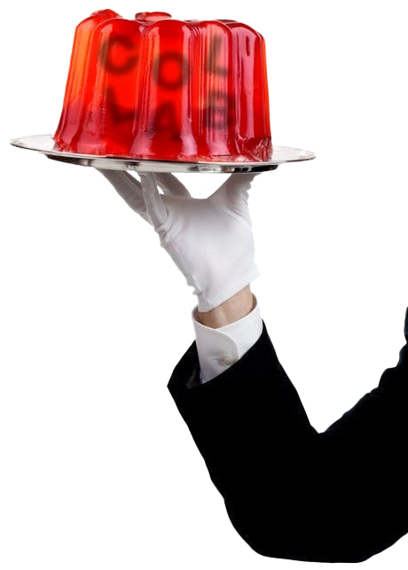 A white-gloved hand in a black tuxedo holds a silver tray with a red gelatin mold on it. The mold has the word "COLLAB" visible inside.