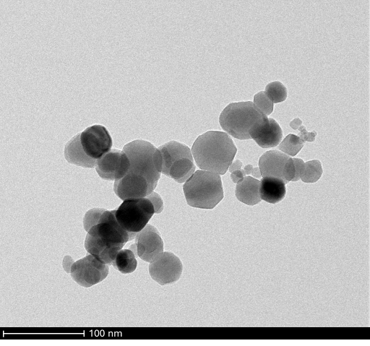 Transmission electron microscope image showing Fe2O3 nanoparticles.