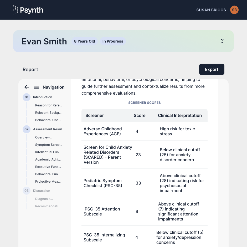 Example of the Psynth smart report experience.