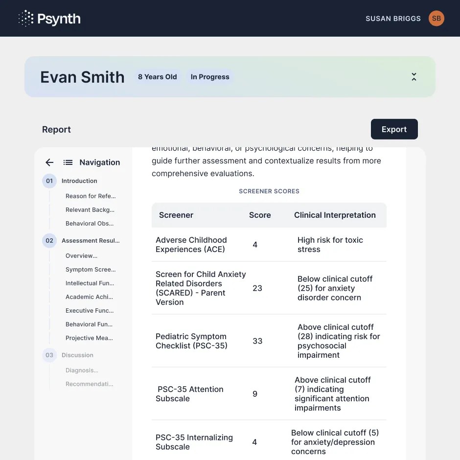 Example of the Psynth smart report experience.