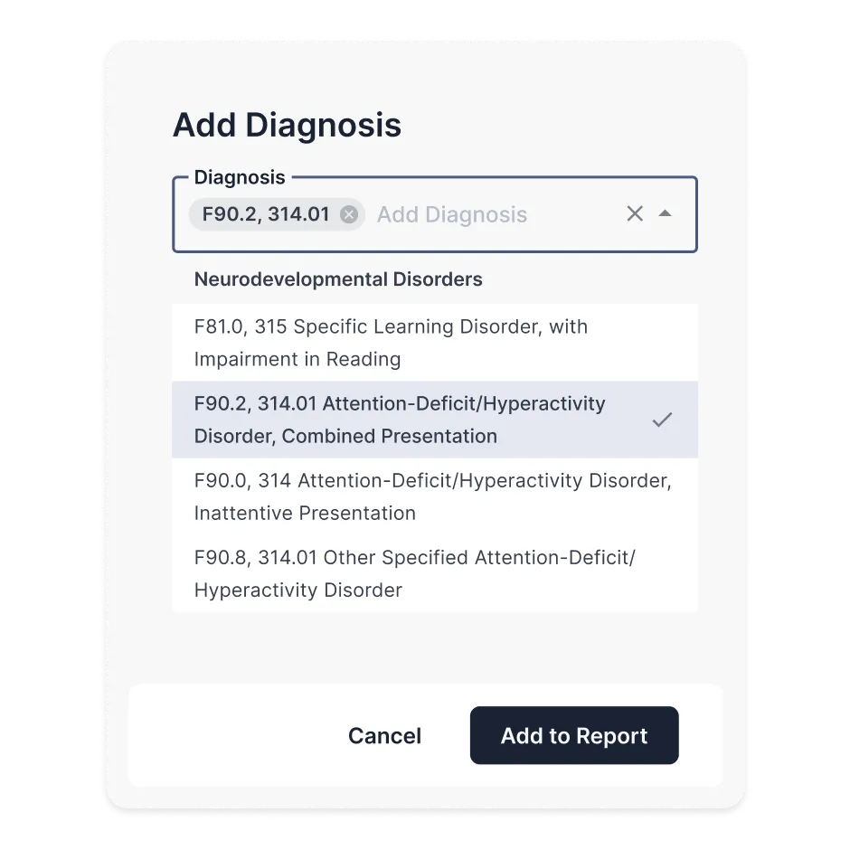 Example of the Psynth experience when adding a diagnosis..
