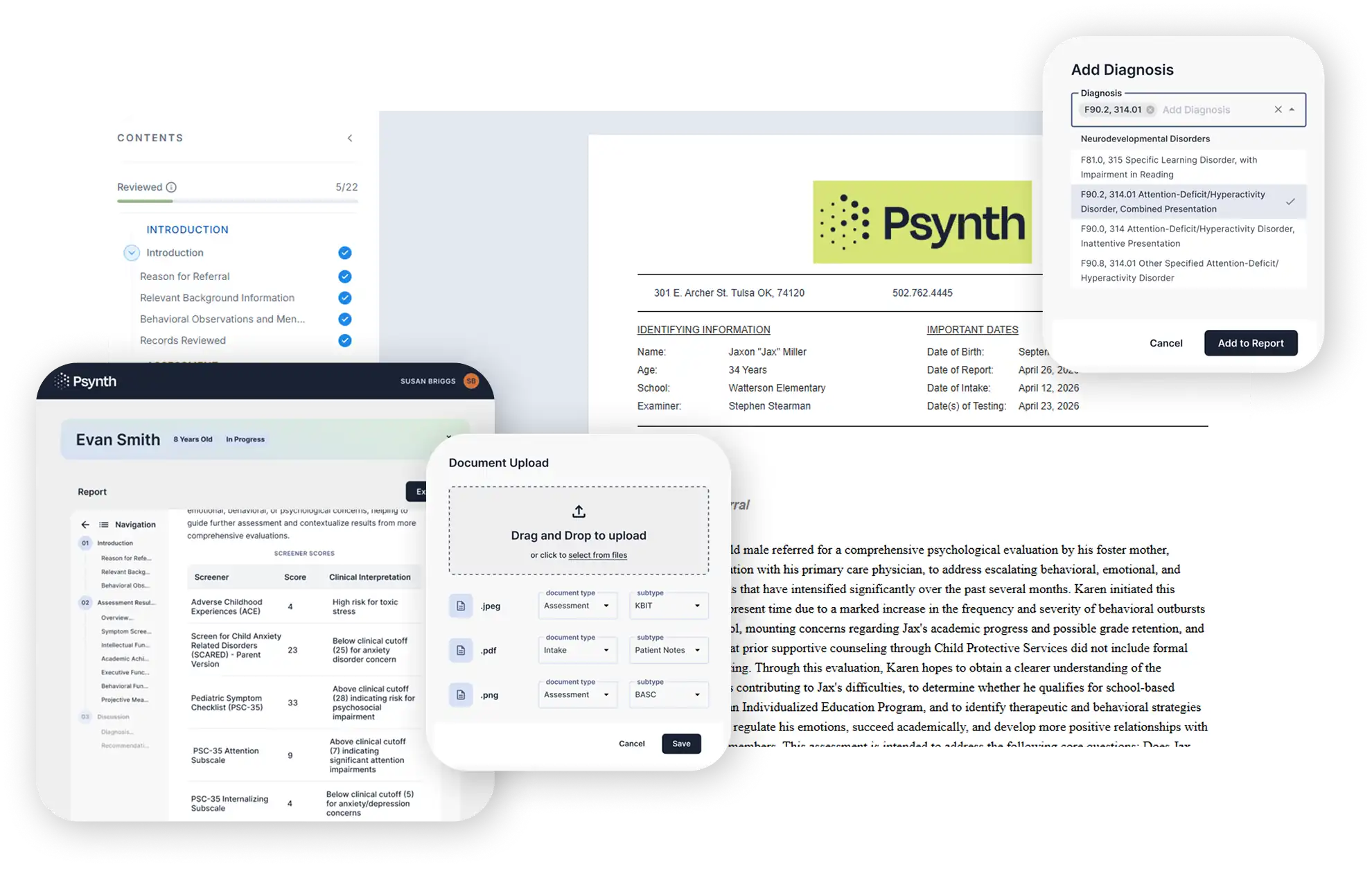 Psynth platform interface showing AI-powered psychological report writing, document upload, and diagnosis selection tools.