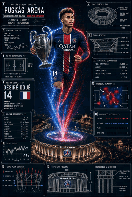 The Doué sports poster animated in Kling, with energy particles rising and the hologram shimmering