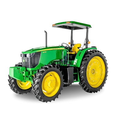 Green and yellow John Deere tractor with large rear wheels and canopy roof.