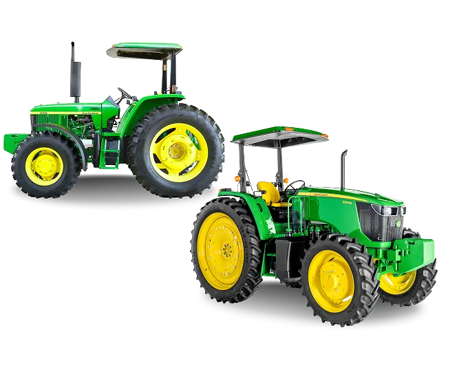 Two green and yellow John Deere tractors with canopies, one viewed from the side and the other seen at an angle.