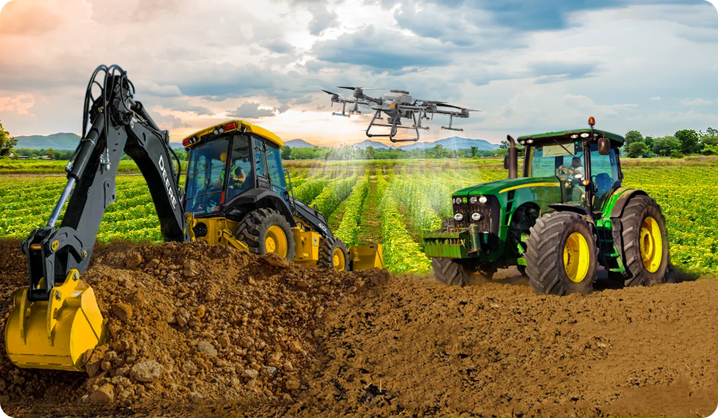 Yellow excavator and green tractor working on a farm field with a drone spraying crops in the background under a partly cloudy sky.