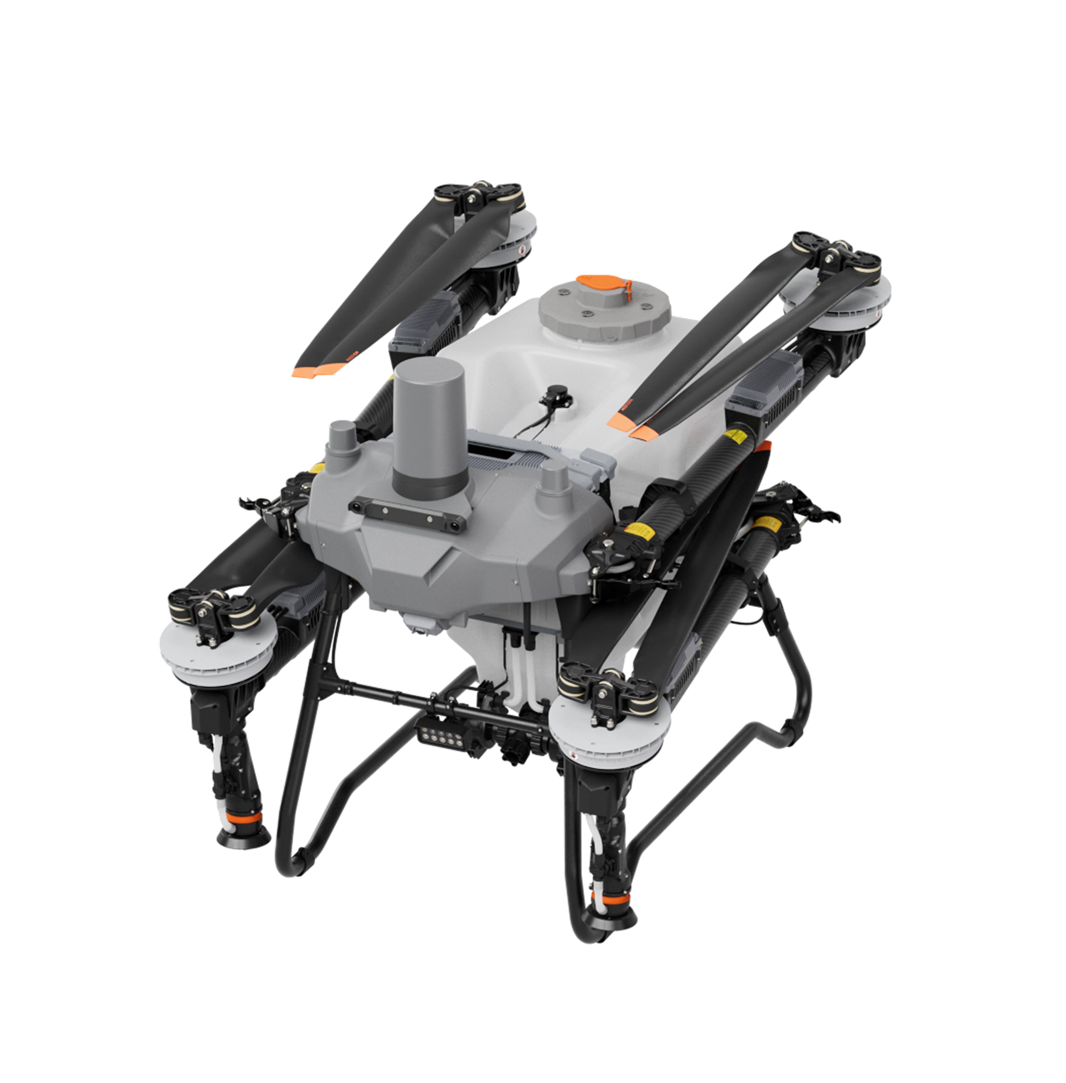 Industrial drone with four large black propellers and a central gray and white body housing equipment.