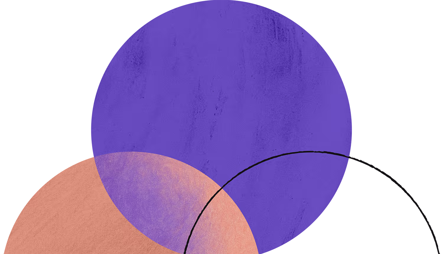 Abstract overlapping circles in purple, peach, and black with textured shading and partial transparency.