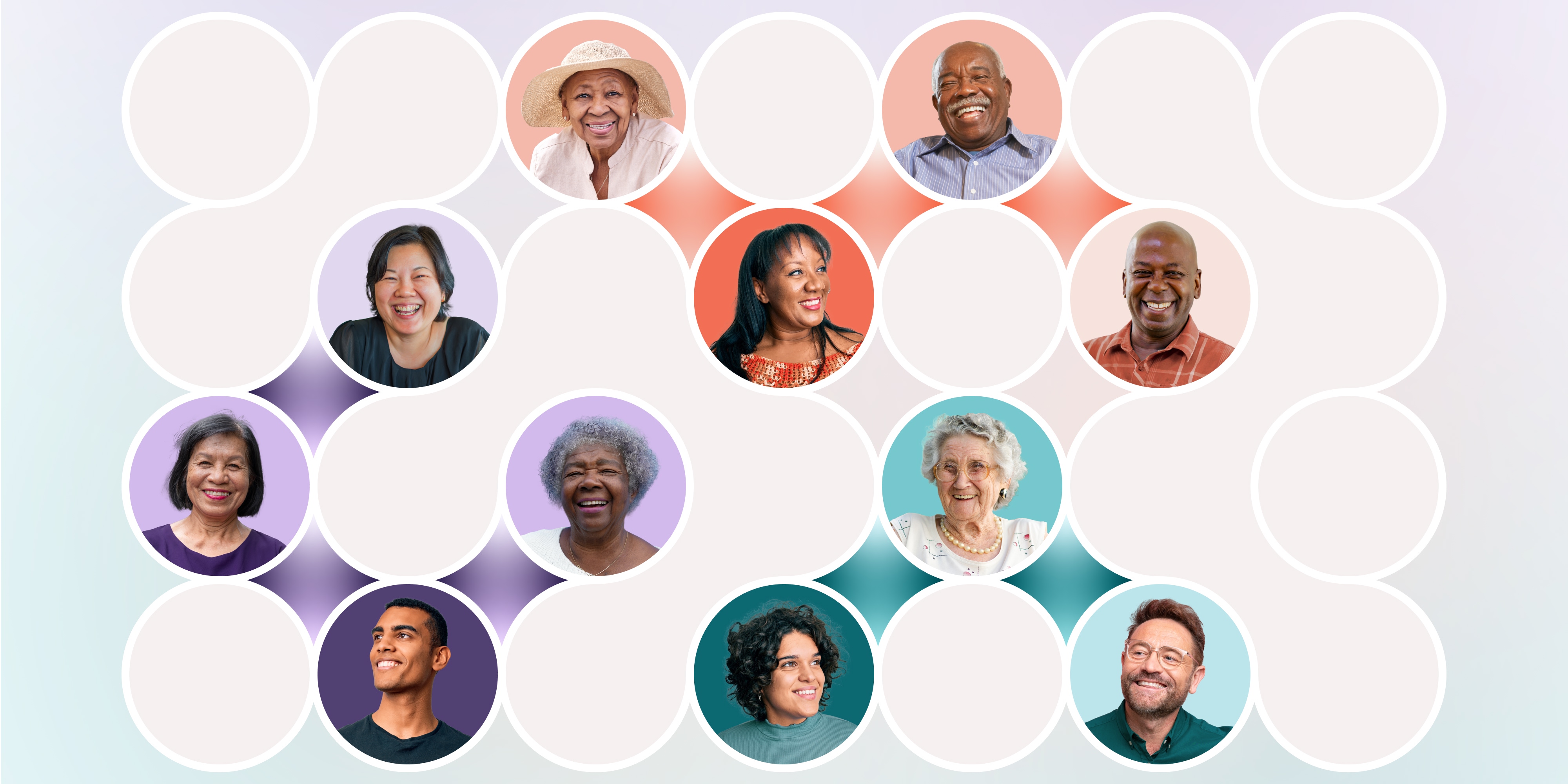 Smiling diverse people in circular frames on a soft pastel geometric background.