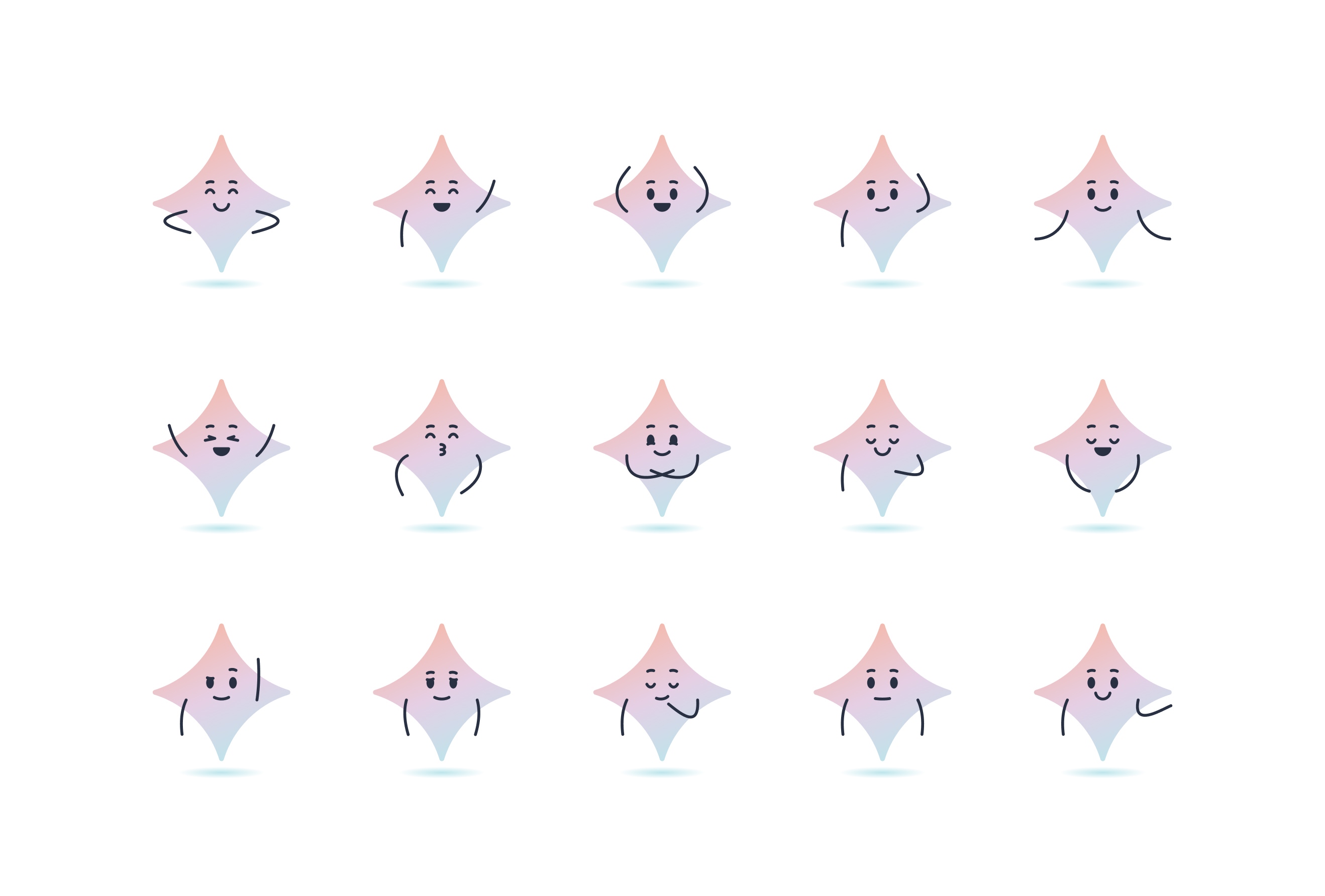 Fifteen pastel diamond-shaped characters with varied happy and playful facial expressions in three rows.