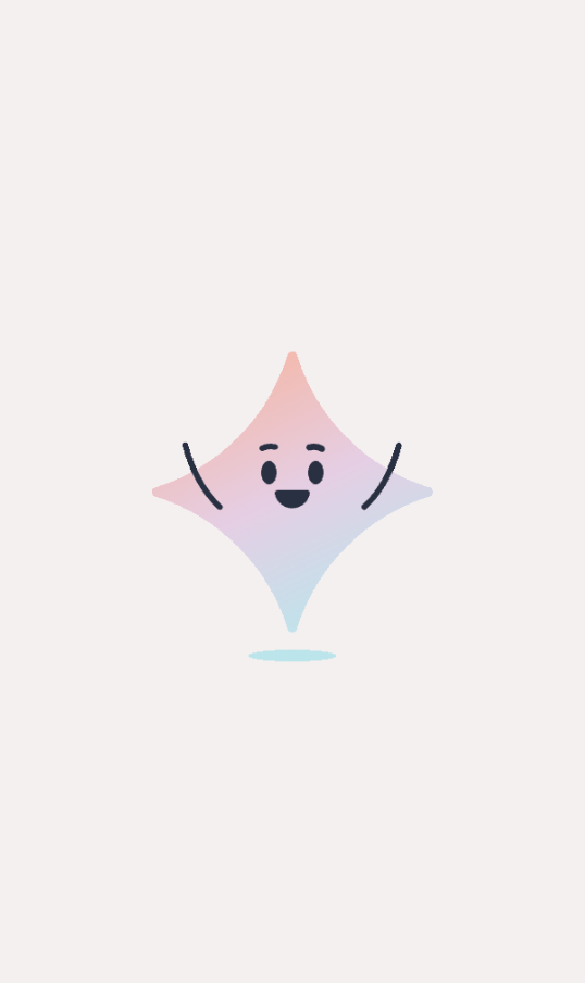 Animated star-shaped character with a gradient of pink, purple, and blue smiling and raising arms.