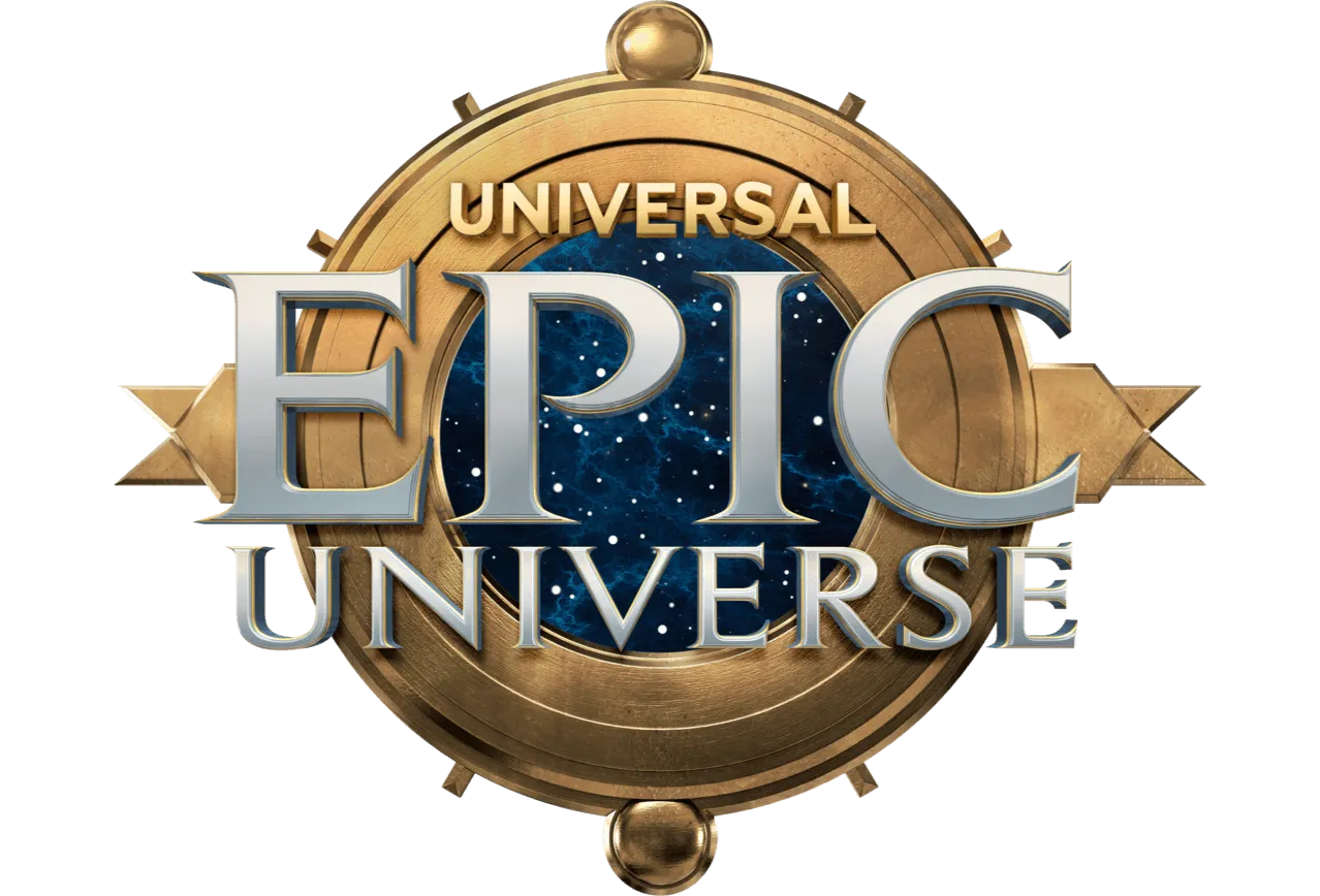 Universal Epic Universe logo with large silver text and a brass circular frame surrounding a starry blue background.