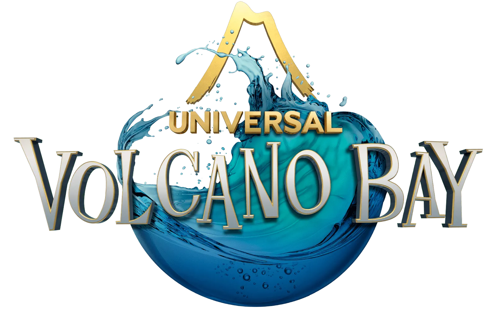Universal Volcano Bay logo with gold mountain outline and blue water splash inside a circle.