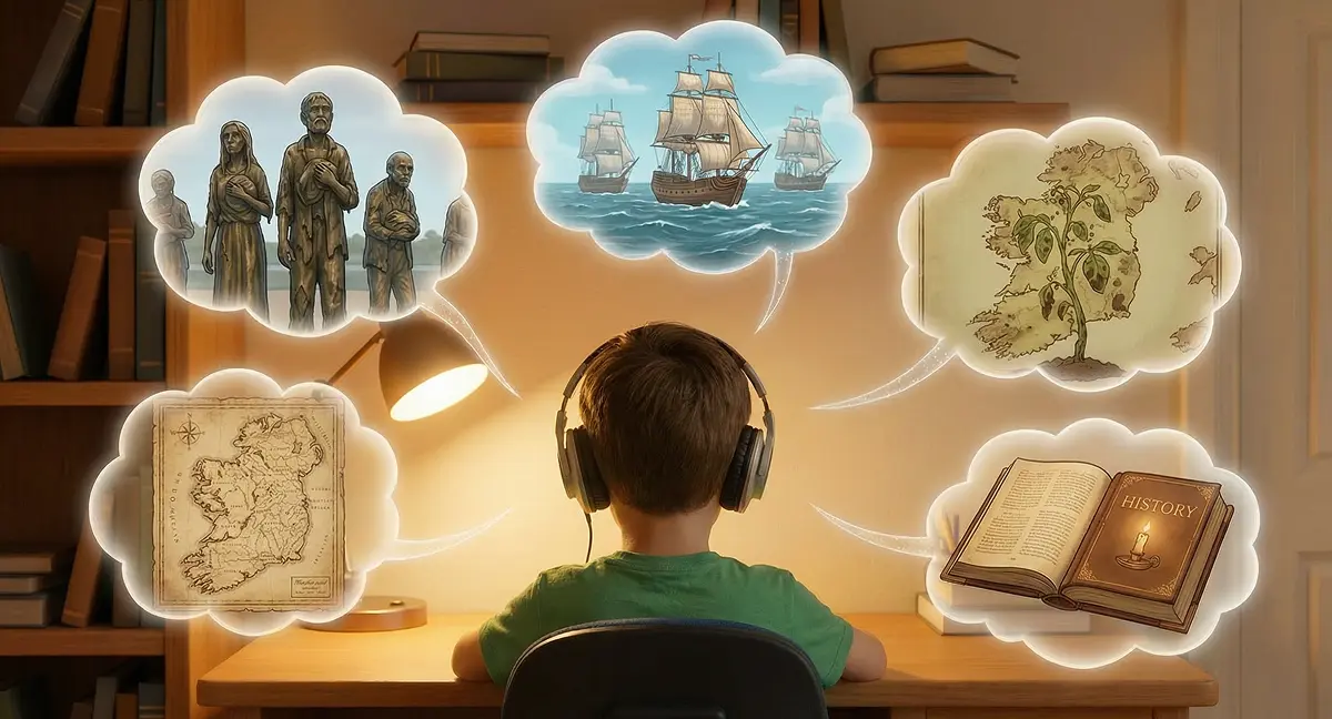 Child learning Irish Famine history through NotebookLM audio podcast