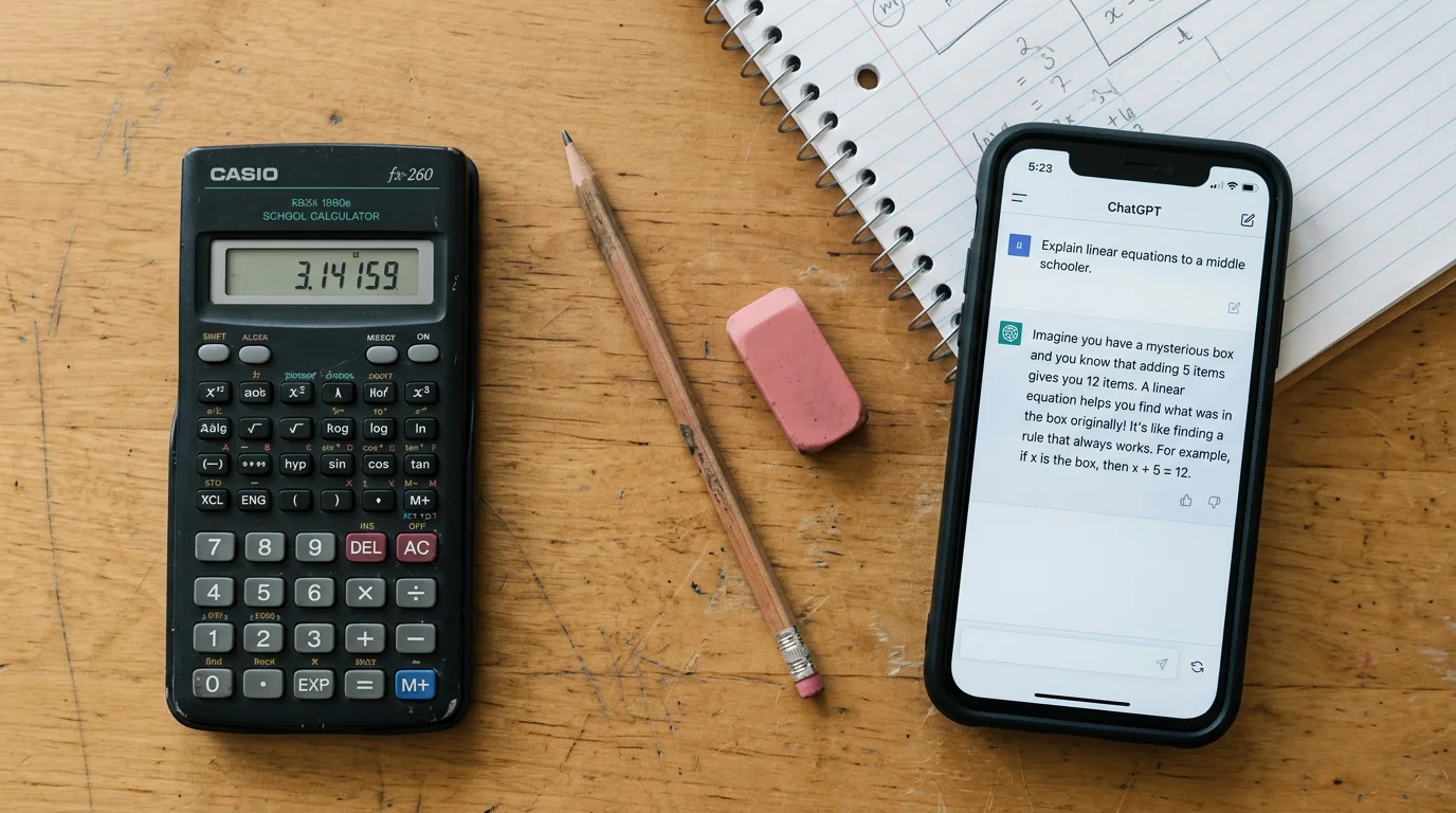 A calculator next to a tablet showing ChatGPT - the historical parallel between old tech and new