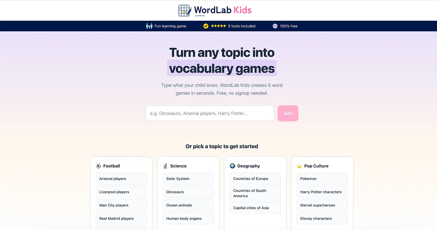 WordLab: free vocabulary games for any topic kids care about