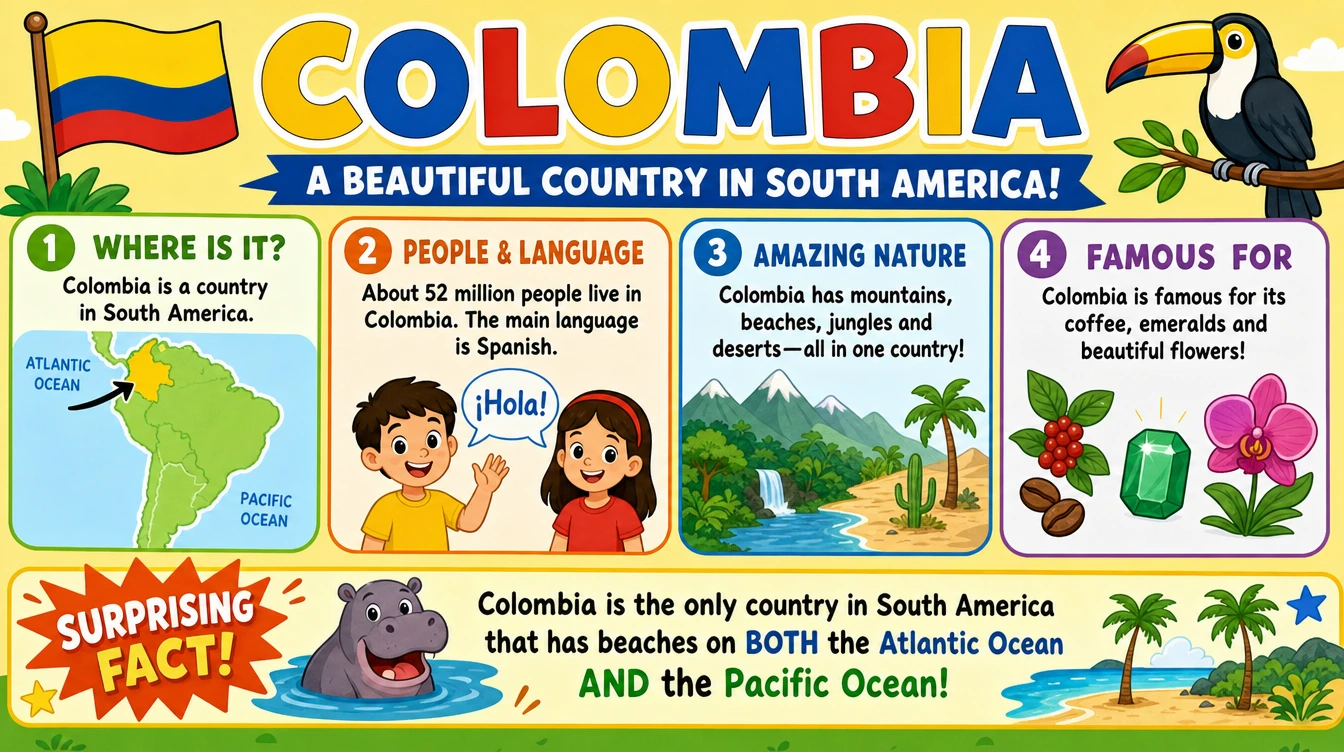 ChatGPT Images 2.0 infographic generated for our family countdown to Colombia, showing 5 facts about the country with illustrated icons