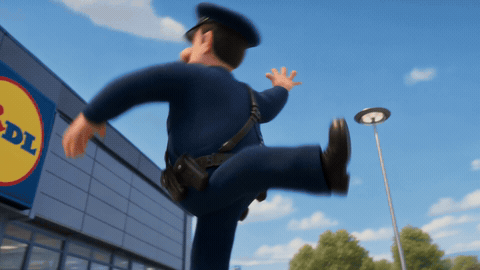 Animated preview of the Lidl Donut Heist cartoon: the Garda slips on a banana peel as the squirrel escapes