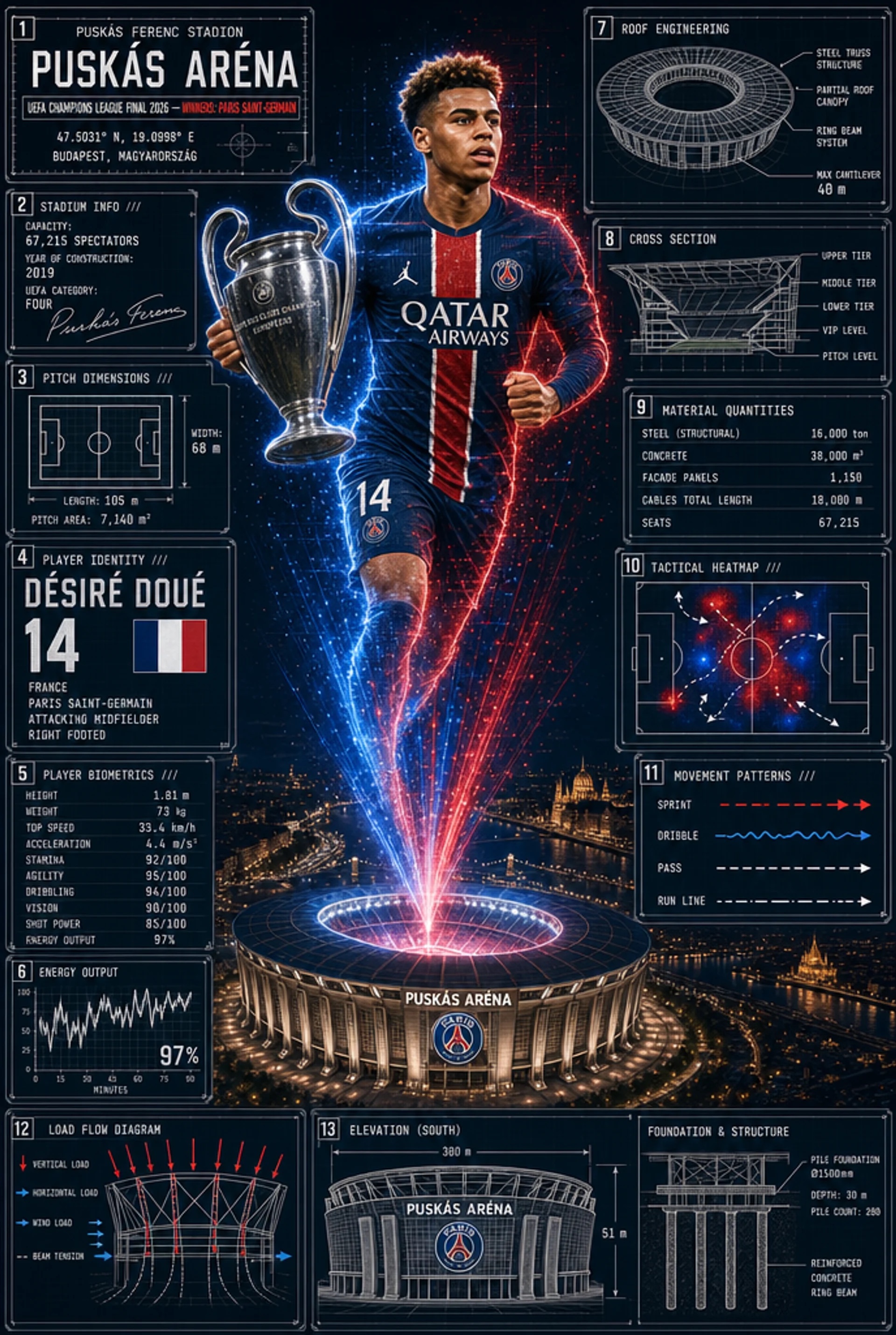 AI sports-engineering poster of a footballer surrounded by blueprint stat panels, customised from a free prompt template
