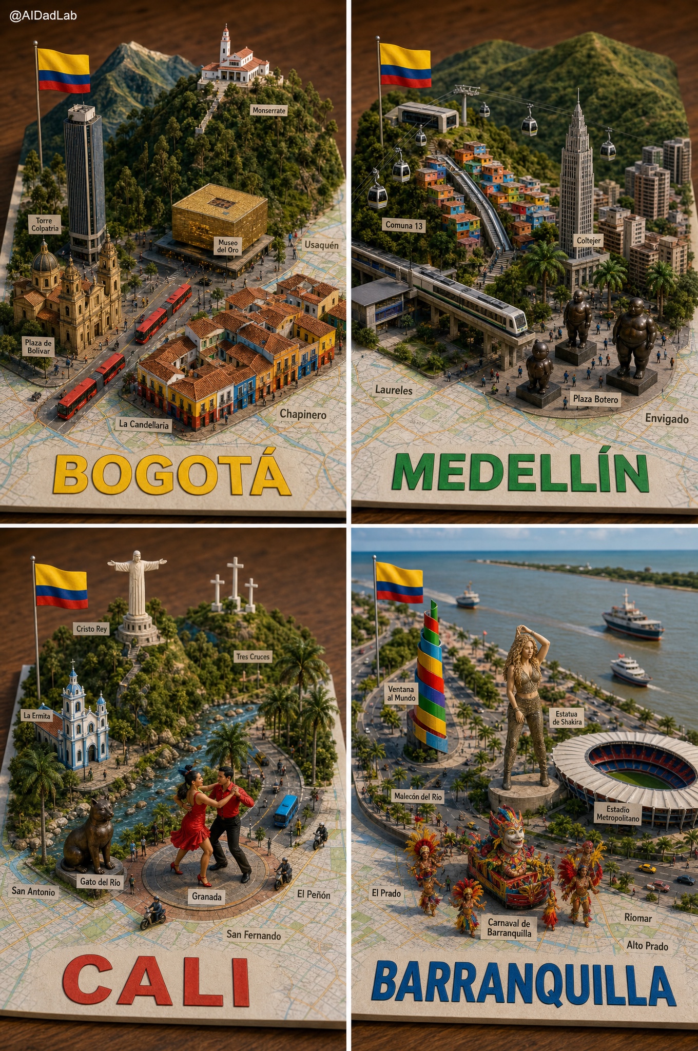 Colombia's four biggest cities, Bogota, Medellin, Cali and Barranquilla, as 3D miniature maps made with ChatGPT Images 2.0