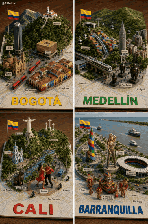 The Colombia 3D cities map animated in Kling, with tiny buses, cable cars, boats and dancers moving in each city