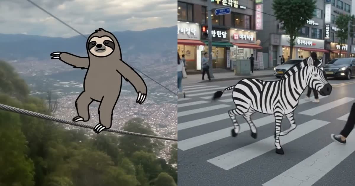 Split image: a hand-drawn cartoon sloth tightrope-walking a real cable car cable over Medellin, and a cartoon zebra trotting across a real zebra crossing