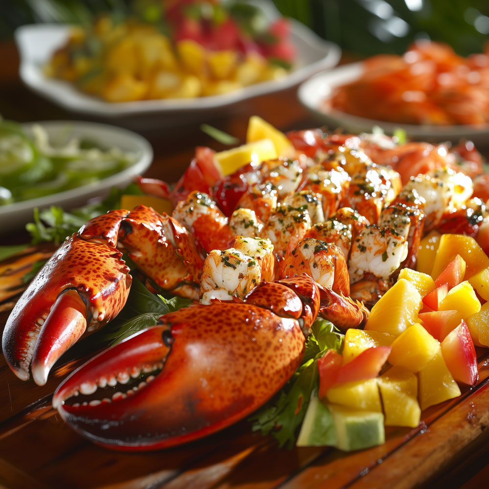 A plate of food with a lobster and other seafood.
