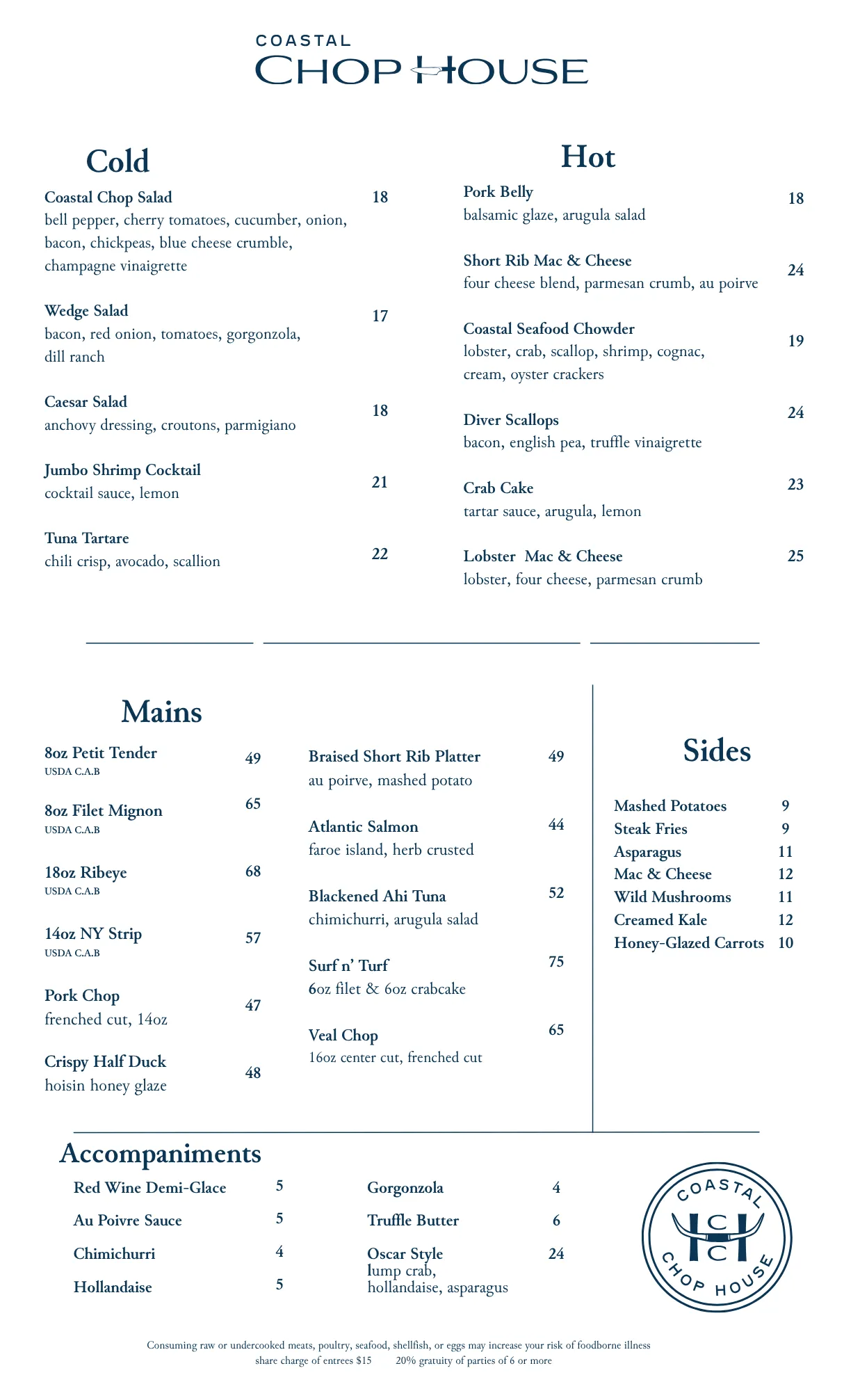 Menu from Coastal Chop House with sections Cold, Hot, Mains, Sides, Accompaniments and prices listed.