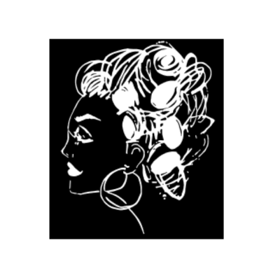 White outline of  the Razberri logo containing a sketch of a woman with curls, painted lips, and large hoop earrings