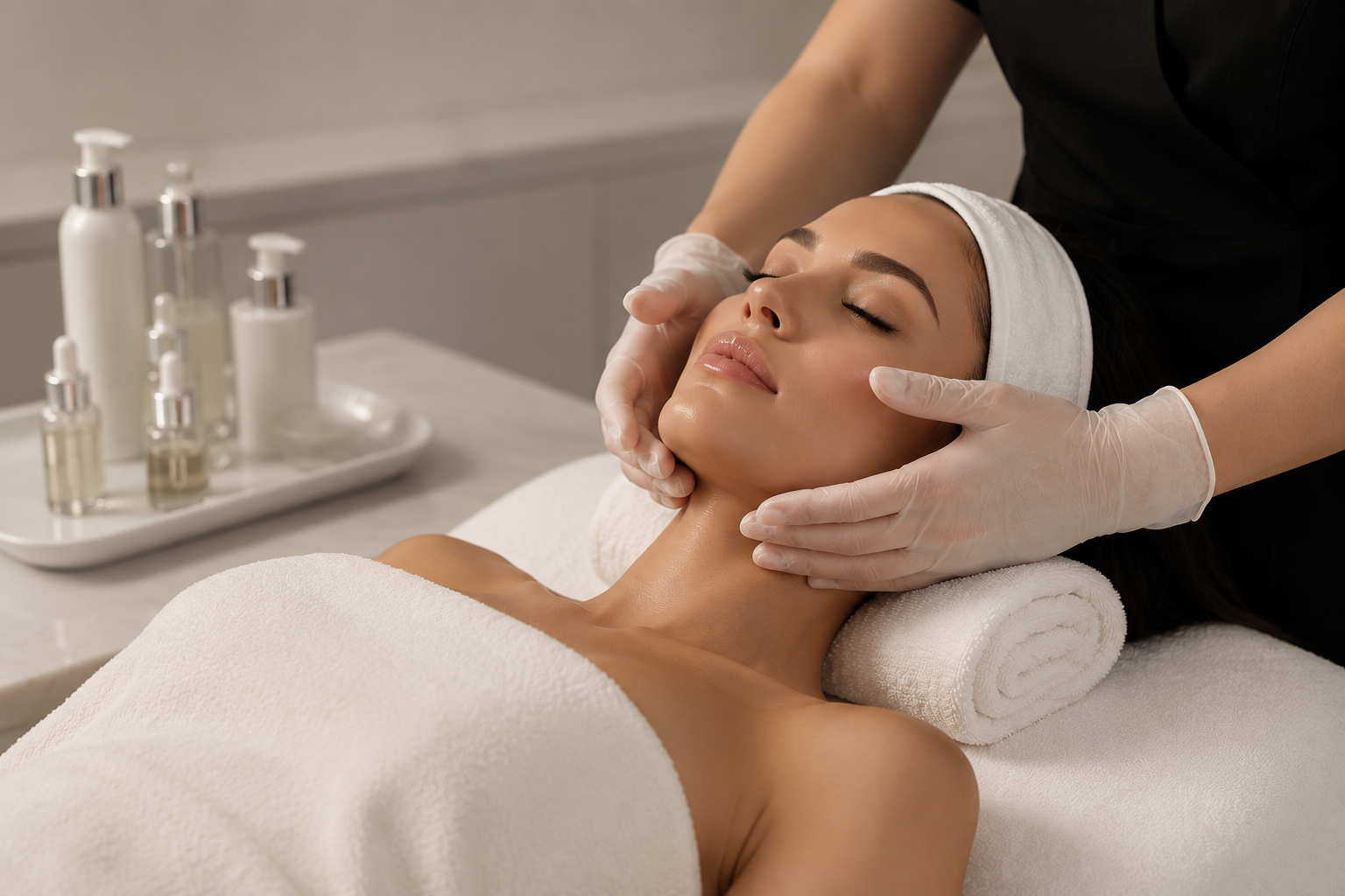 Woman laying down receiving a facial from an esthetician at Razberris Hair Nail and Spa in Toms RIver NJ